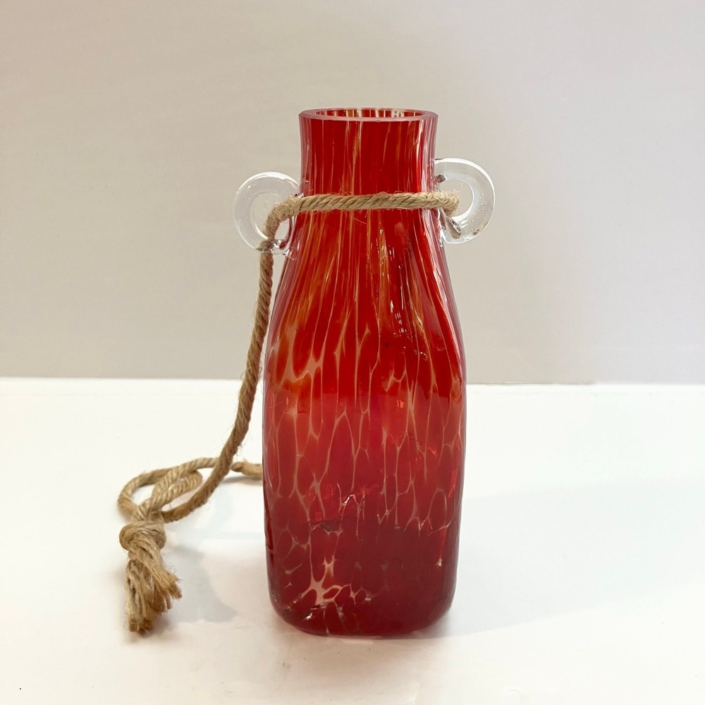 Unique Glass MCM Handmade Polish Vase 7" Mottled Red w/ Clear Glass Handles